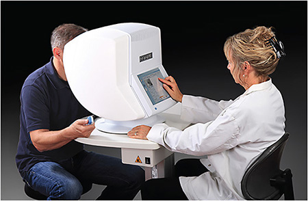 Functional testing demonstrates how glaucoma affects a patient's vision. Shown here is an example of perimetry testing (Octopus 600 perimeter, Haag-Streit USA).IMAGE COURTESY OF HAAG-STREIT USA.