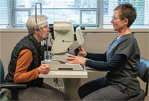 Susan Korjagin, COT, ROUB, performs an IOLMaster (Zeiss) on a cataract surgery patient.